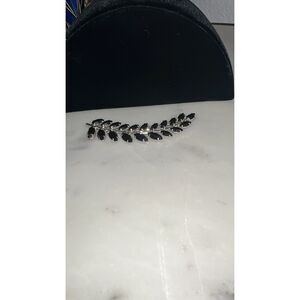 Vtg B David MCM Black Rhinestones Leaf Plume Feather Brooch Pin Silver Tone EUC